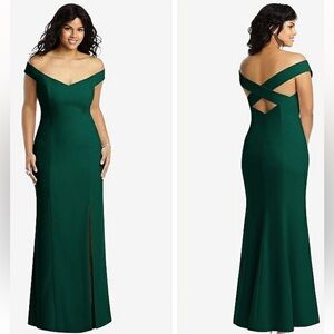 Dessy Collection Off-Shoulder Criss Cross Back Maxi Dress Hunter Green SZ 14 NWT